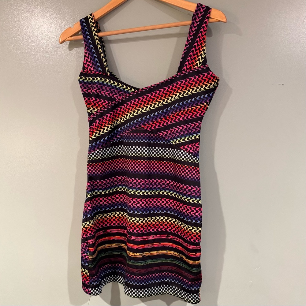 Vintage Y2K Rainbow Geometric Body-con Dress Hippie Fest Women S Club Sexy 90s - Picture 2 of 16
